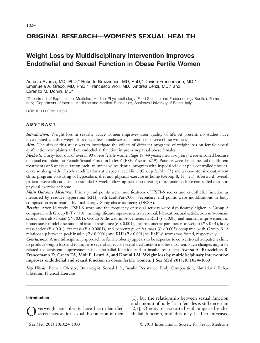 Weight Loss by Multidisciplinary Intervention Improves Endothelial and Sexual Function in Obese Fertile Women