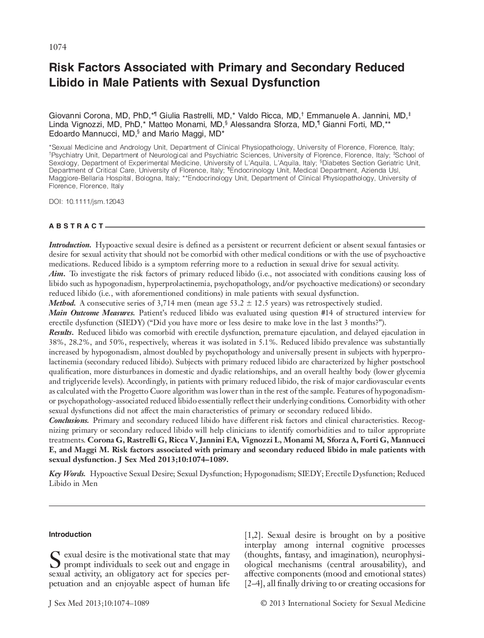 Risk Factors Associated with Primary and Secondary Reduced Libido in Male Patients with Sexual Dysfunction