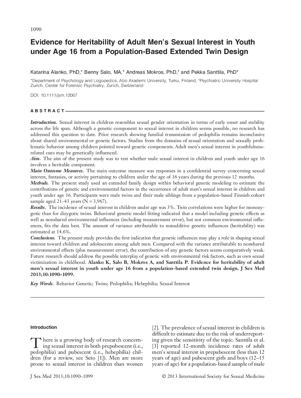 Evidence for Heritability of Adult Men's Sexual Interest in Youth under Age 16 from a Population‐Based Extended Twin Design