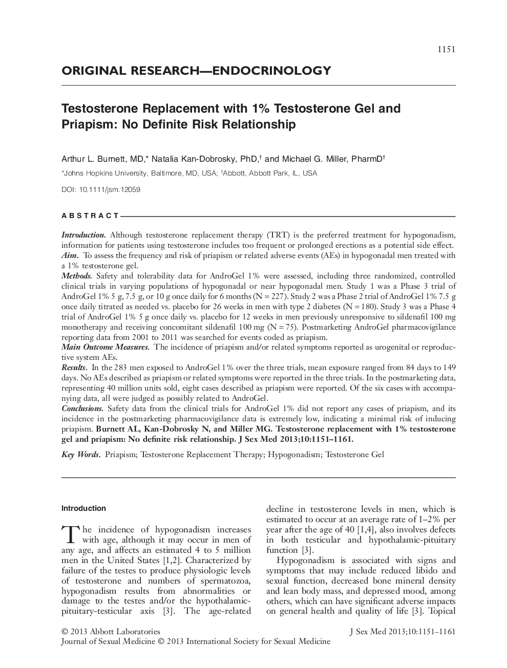 Testosterone Replacement with 1% Testosterone Gel and Priapism: No Definite Risk Relationship