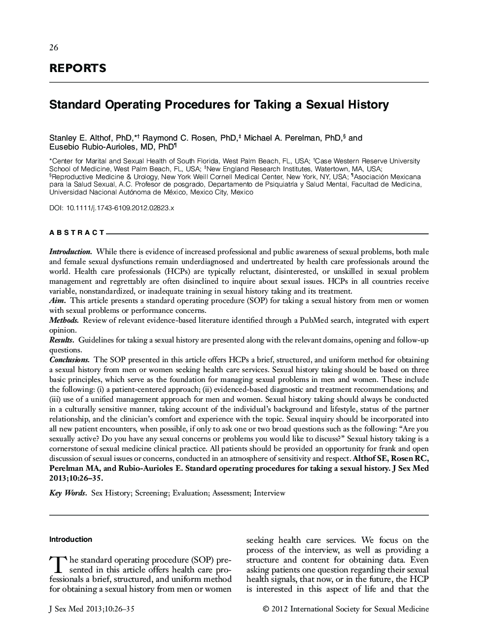 Standard Operating Procedures for Taking a Sexual History
