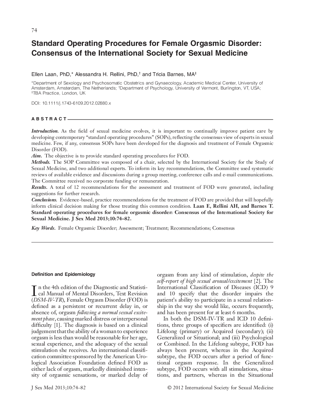 Standard Operating Procedures for Female Orgasmic Disorder: Consensus of the International Society for Sexual Medicine