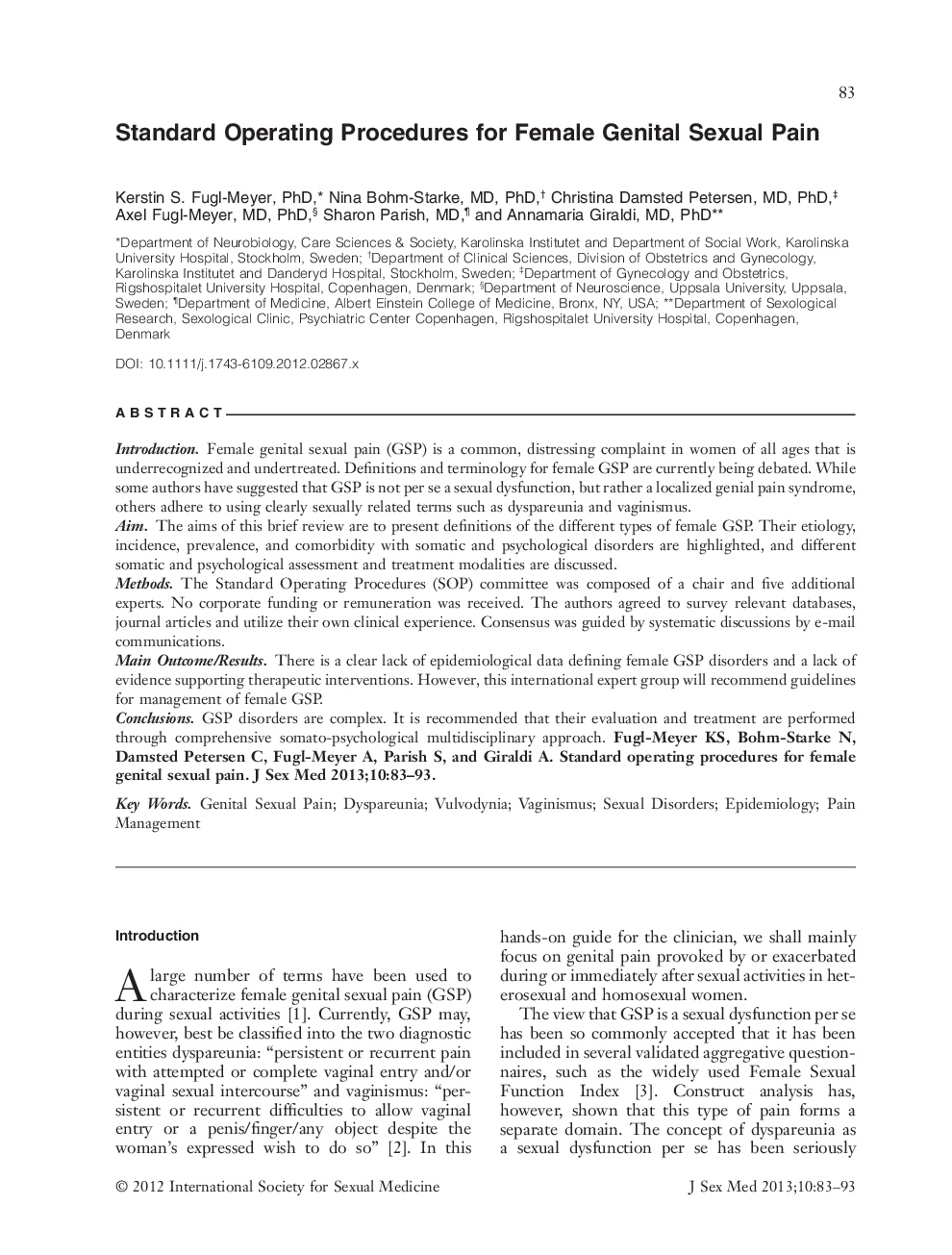 Standard Operating Procedures for Female Genital Sexual Pain