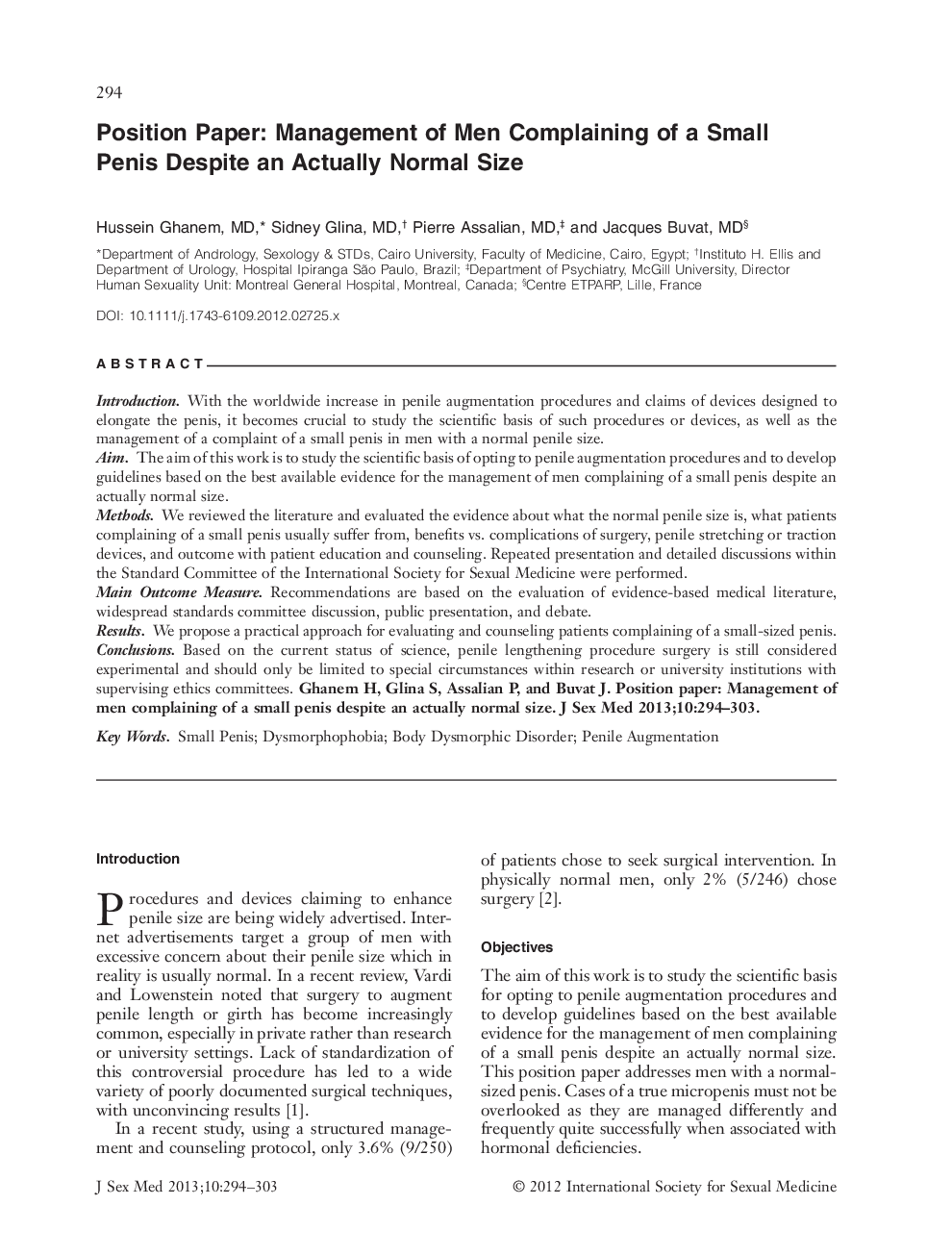 Position Paper: Management of Men Complaining of a Small Penis Despite an Actually Normal Size