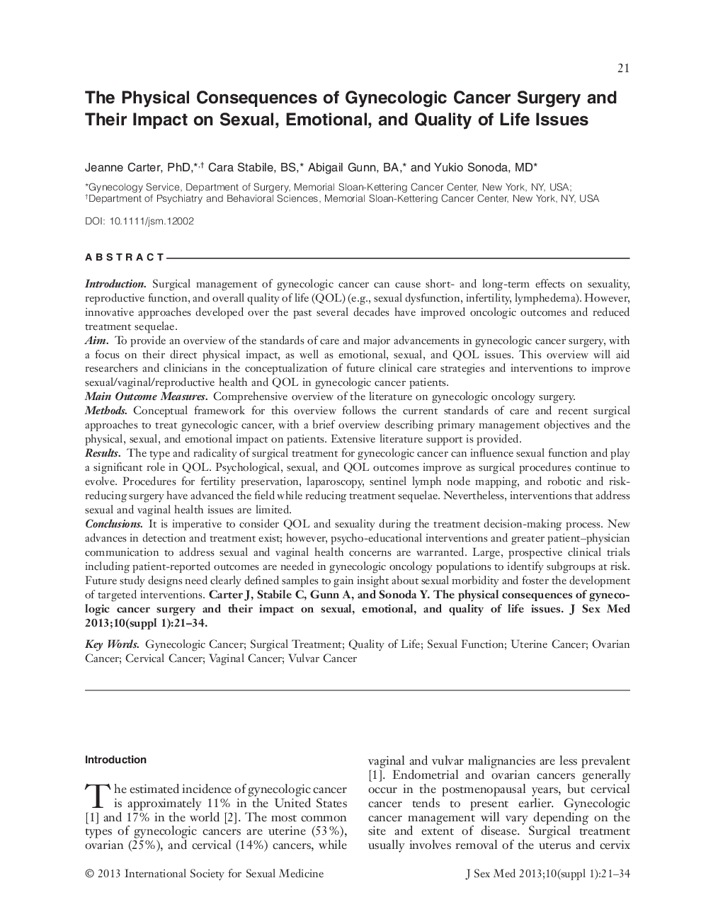 The Physical Consequences of Gynecologic Cancer Surgery and Their Impact on Sexual, Emotional, and Quality of Life Issues 