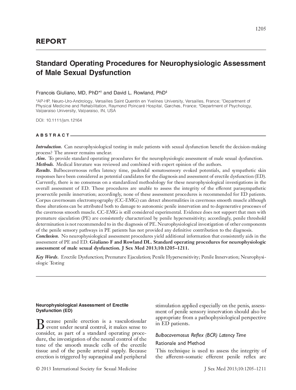 Standard Operating Procedures for Neurophysiologic Assessment of Male Sexual Dysfunction
