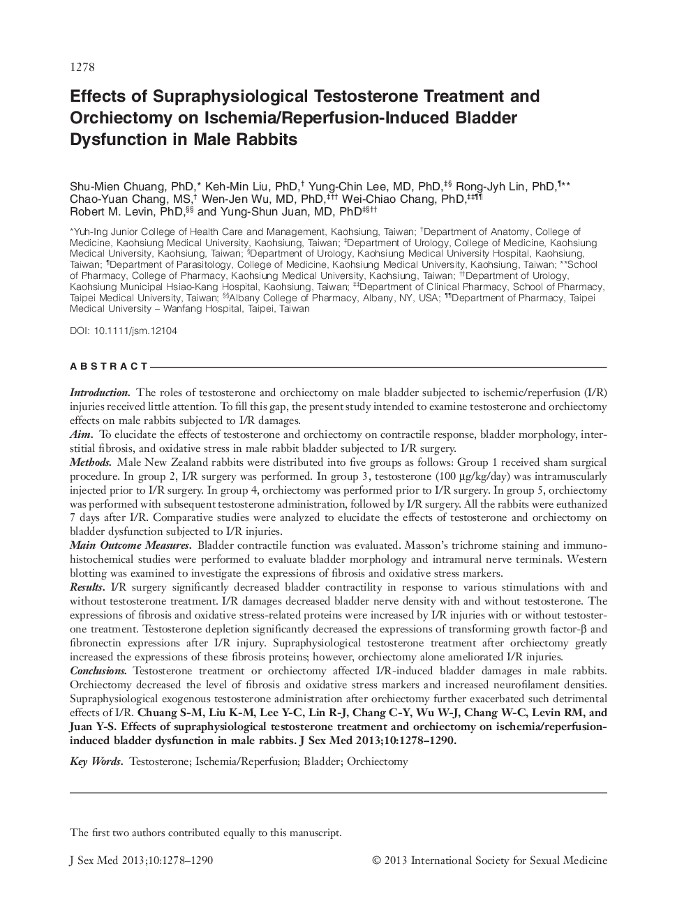 Effects of Supraphysiological Testosterone Treatment and Orchiectomy on Ischemia/ReperfusionâInduced Bladder Dysfunction in Male Rabbits