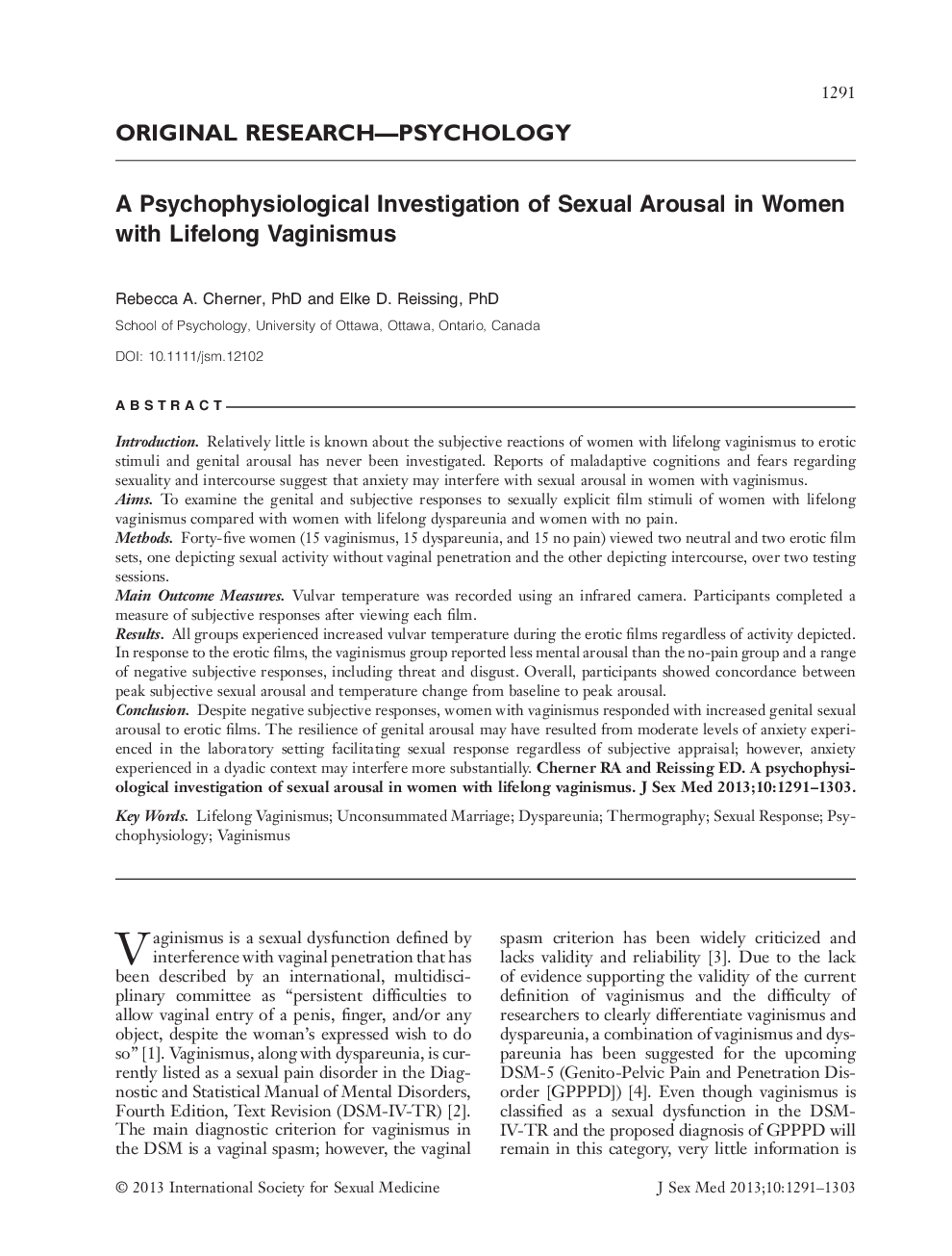 A Psychophysiological Investigation of Sexual Arousal in Women with Lifelong Vaginismus