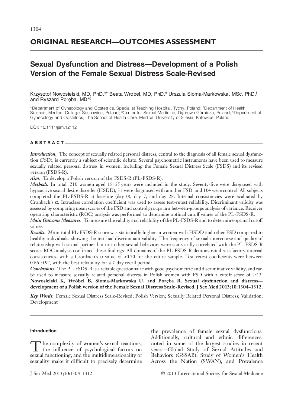 Sexual Dysfunction and Distress-Development of a Polish Version of the Female Sexual Distress ScaleâRevised