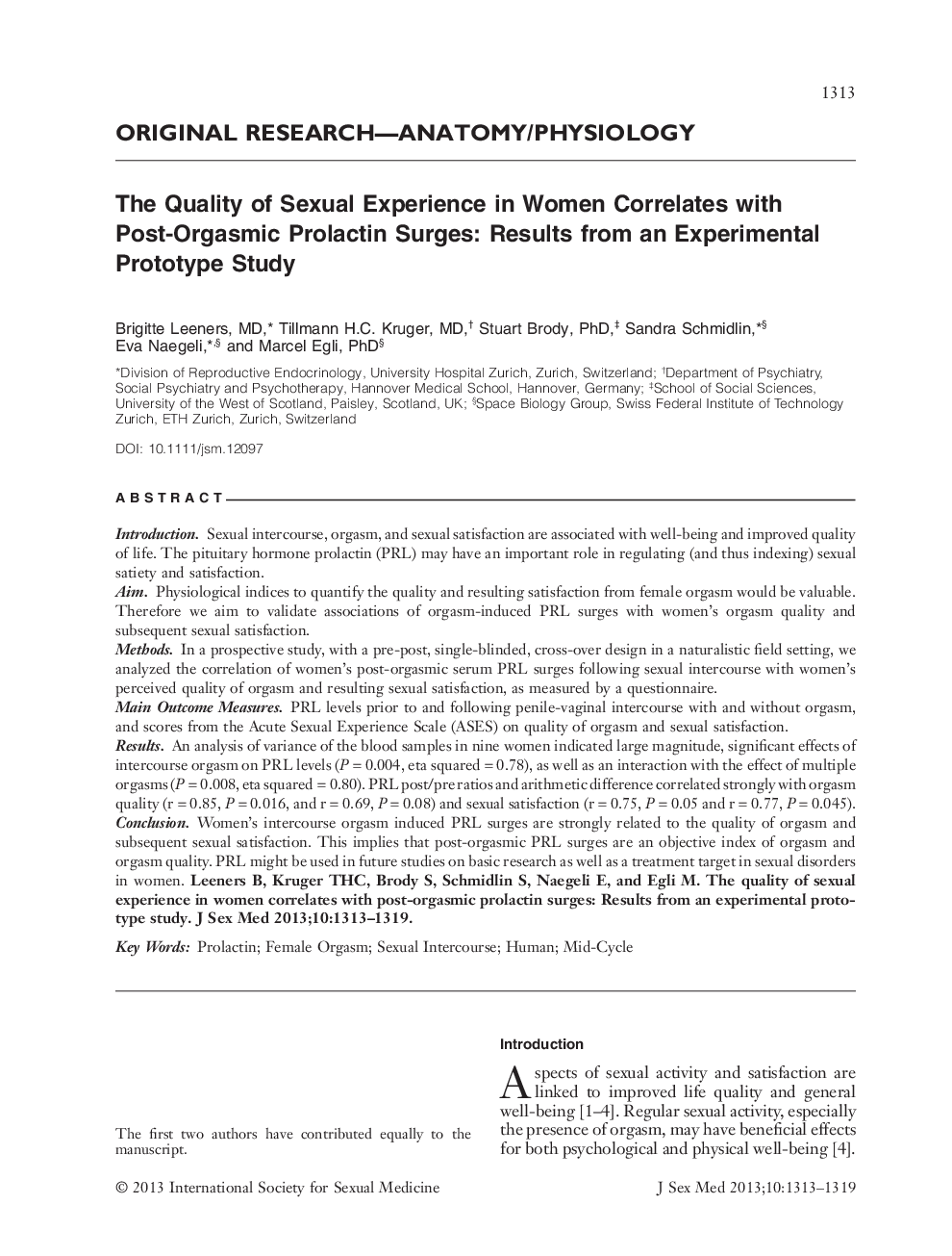 The Quality of Sexual Experience in Women Correlates with Post‐Orgasmic Prolactin Surges: Results from an Experimental Prototype Study