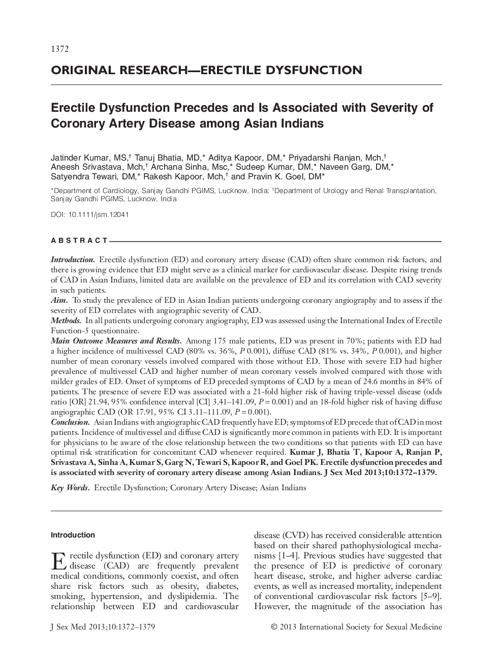 Erectile Dysfunction Precedes and Is Associated with Severity of Coronary Artery Disease among Asian Indians