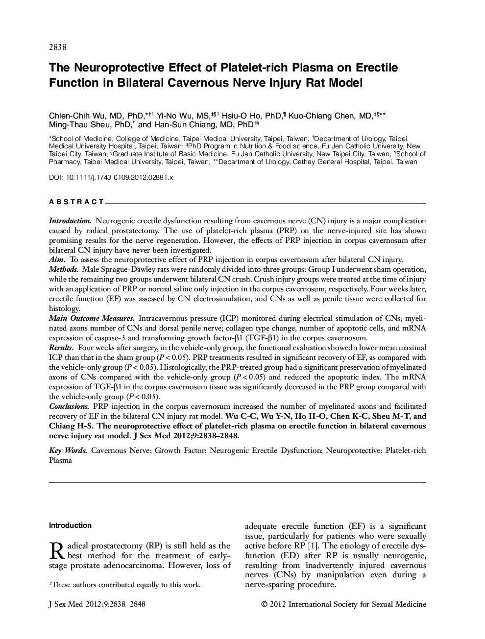 The Neuroprotective Effect of Platelet‐rich Plasma on Erectile Function in Bilateral Cavernous Nerve Injury Rat Model