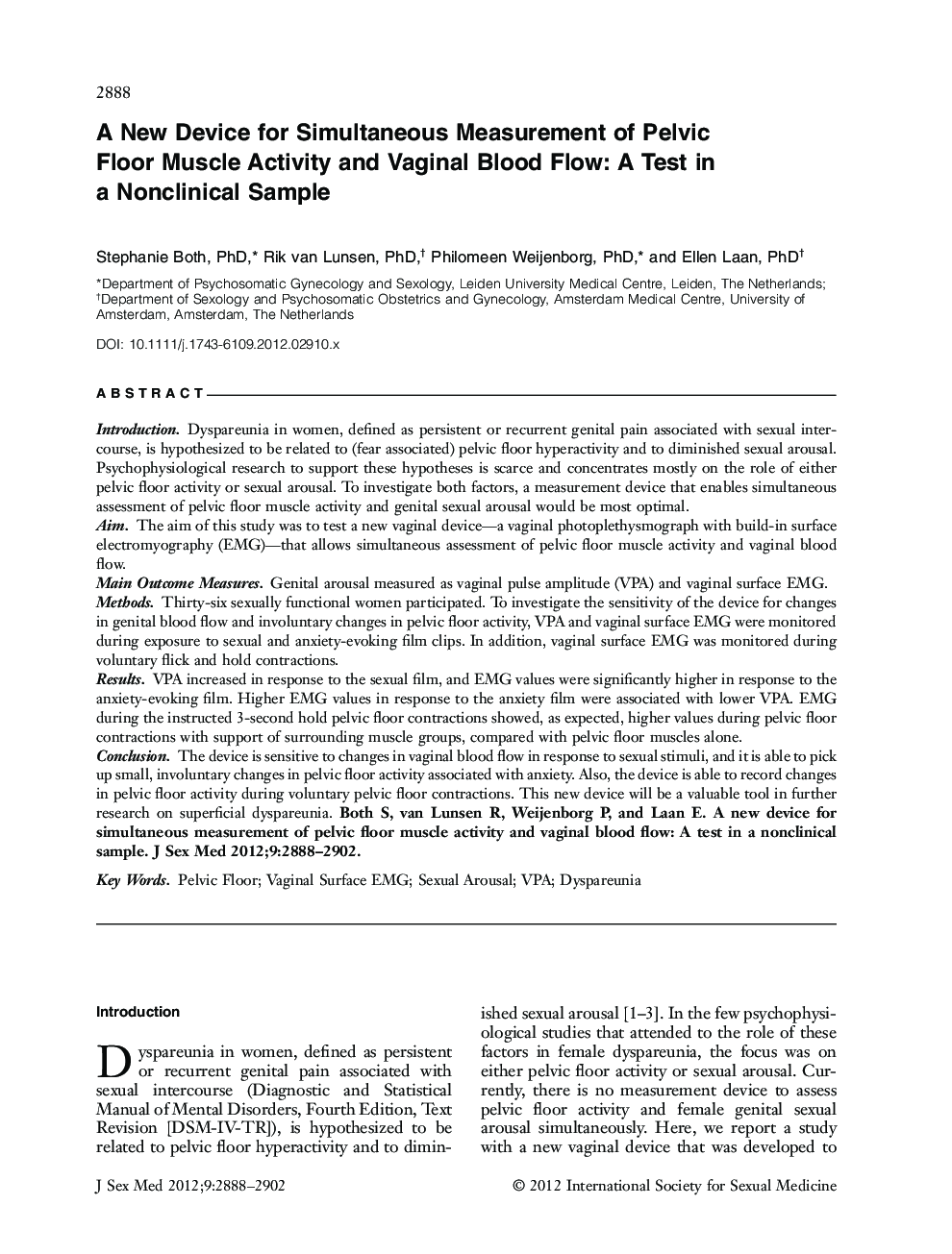 A New Device for Simultaneous Measurement of Pelvic Floor Muscle Activity and Vaginal Blood Flow: A Test in a Nonclinical Sample