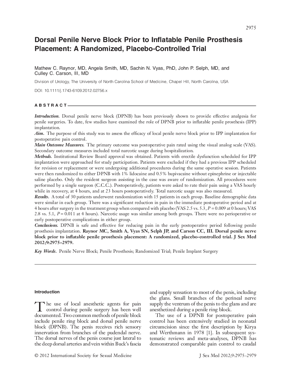 Dorsal Penile Nerve Block Prior to Inflatable Penile Prosthesis Placement: A Randomized, Placebo‐Controlled Trial