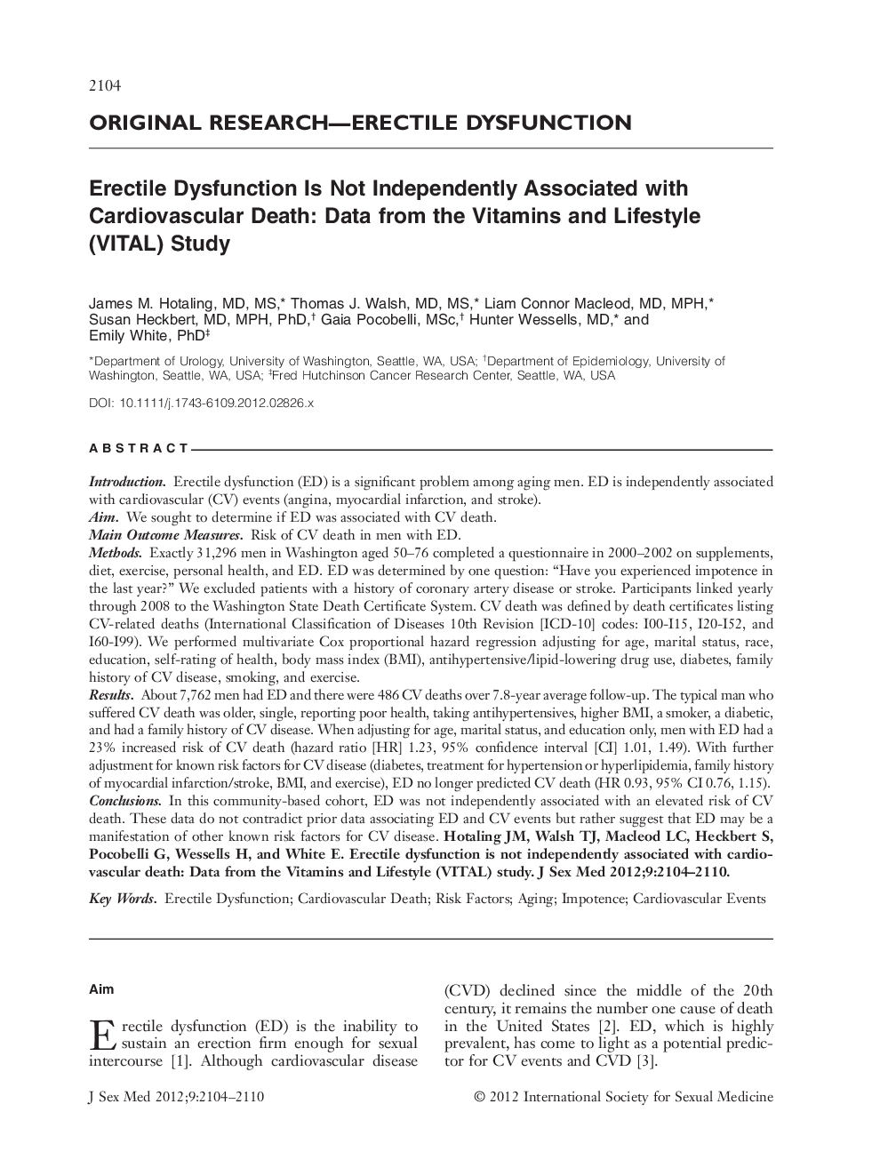 Erectile Dysfunction Is Not Independently Associated with Cardiovascular Death: Data from the Vitamins and Lifestyle (VITAL) Study