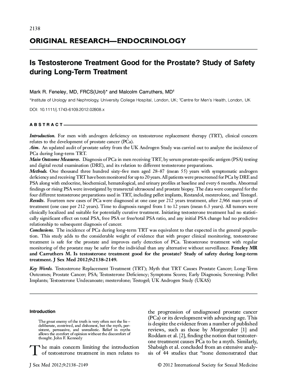 Is Testosterone Treatment Good for the Prostate? Study of Safety during Long‐Term Treatment