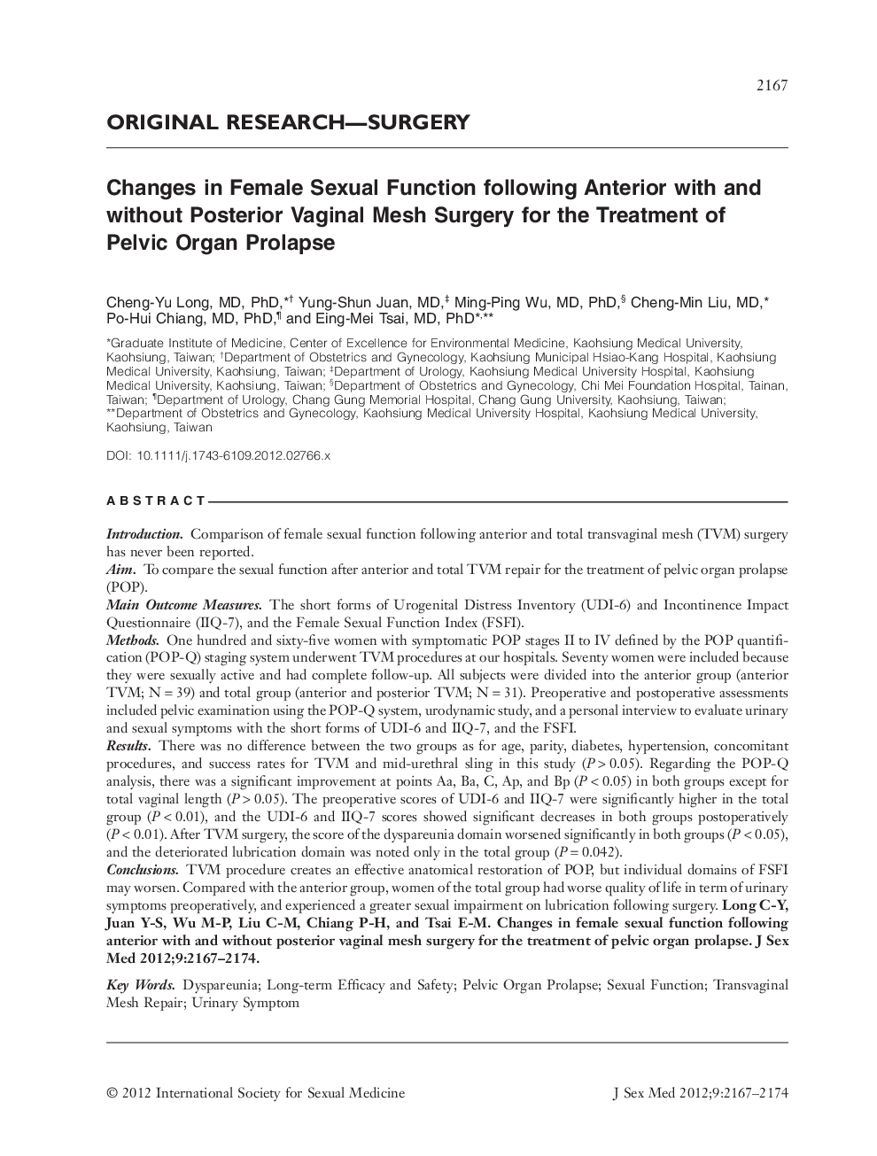 Changes in Female Sexual Function following Anterior with and without Posterior Vaginal Mesh Surgery for the Treatment of Pelvic Organ Prolapse