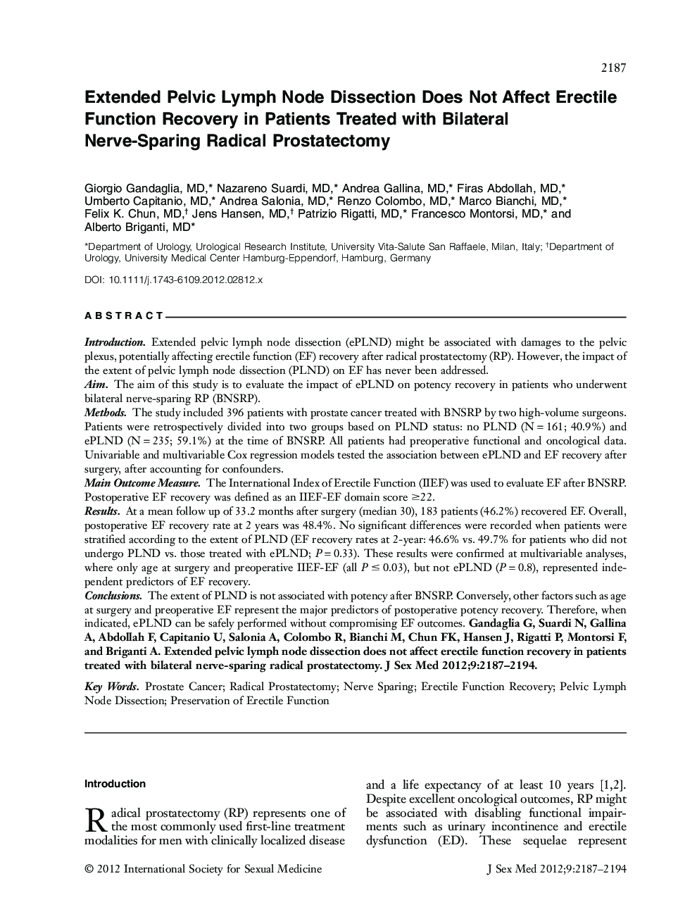 Extended Pelvic Lymph Node Dissection Does Not Affect Erectile Function Recovery in Patients Treated with Bilateral Nerve‐Sparing Radical Prostatectomy