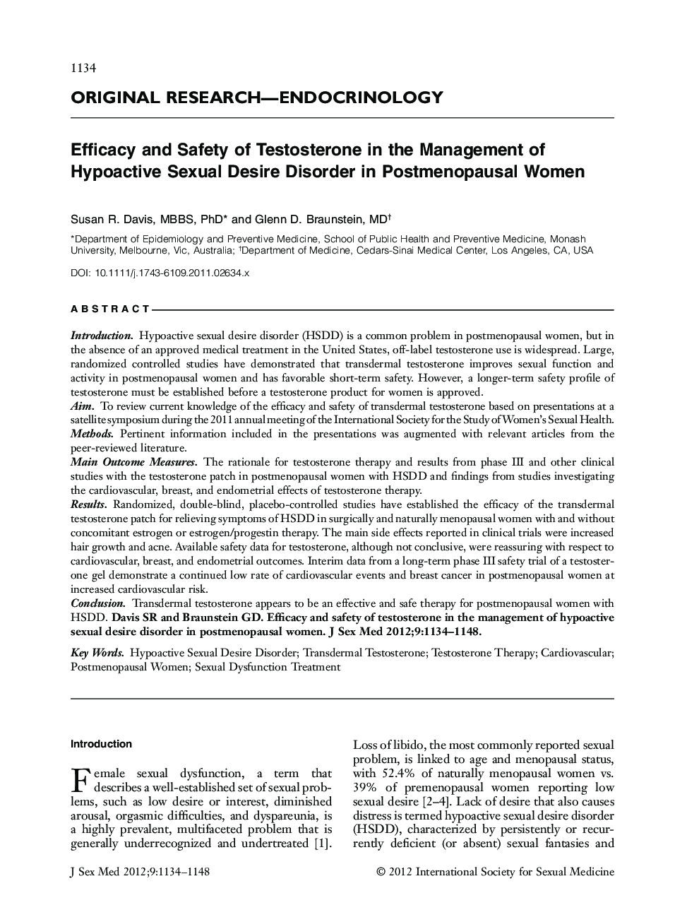 Efficacy and Safety of Testosterone in the Management of Hypoactive Sexual Desire Disorder in Postmenopausal Women