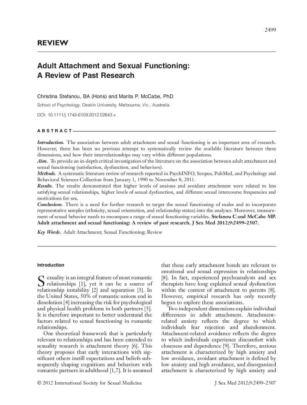 Adult Attachment and Sexual Functioning: A Review of Past Research