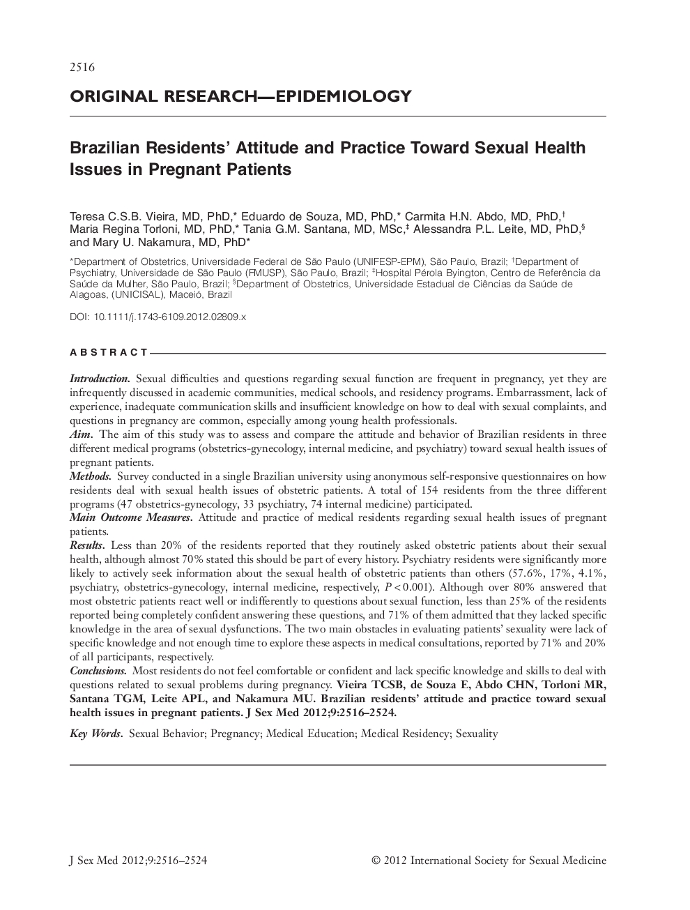 Brazilian Residents' Attitude and Practice Toward Sexual Health Issues in Pregnant Patients