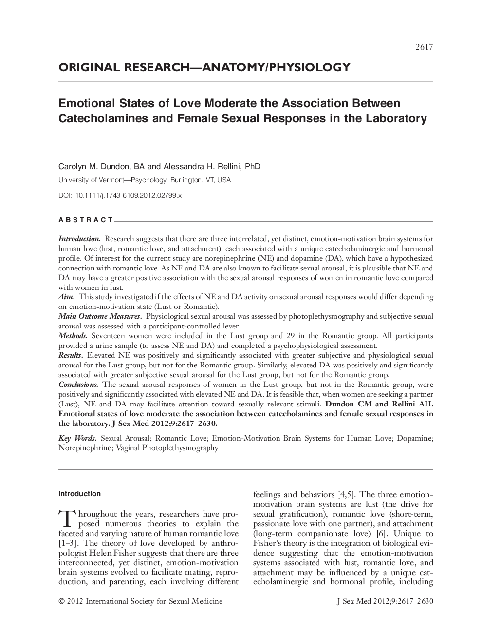 Emotional States of Love Moderate the Association Between Catecholamines and Female Sexual Responses in the Laboratory