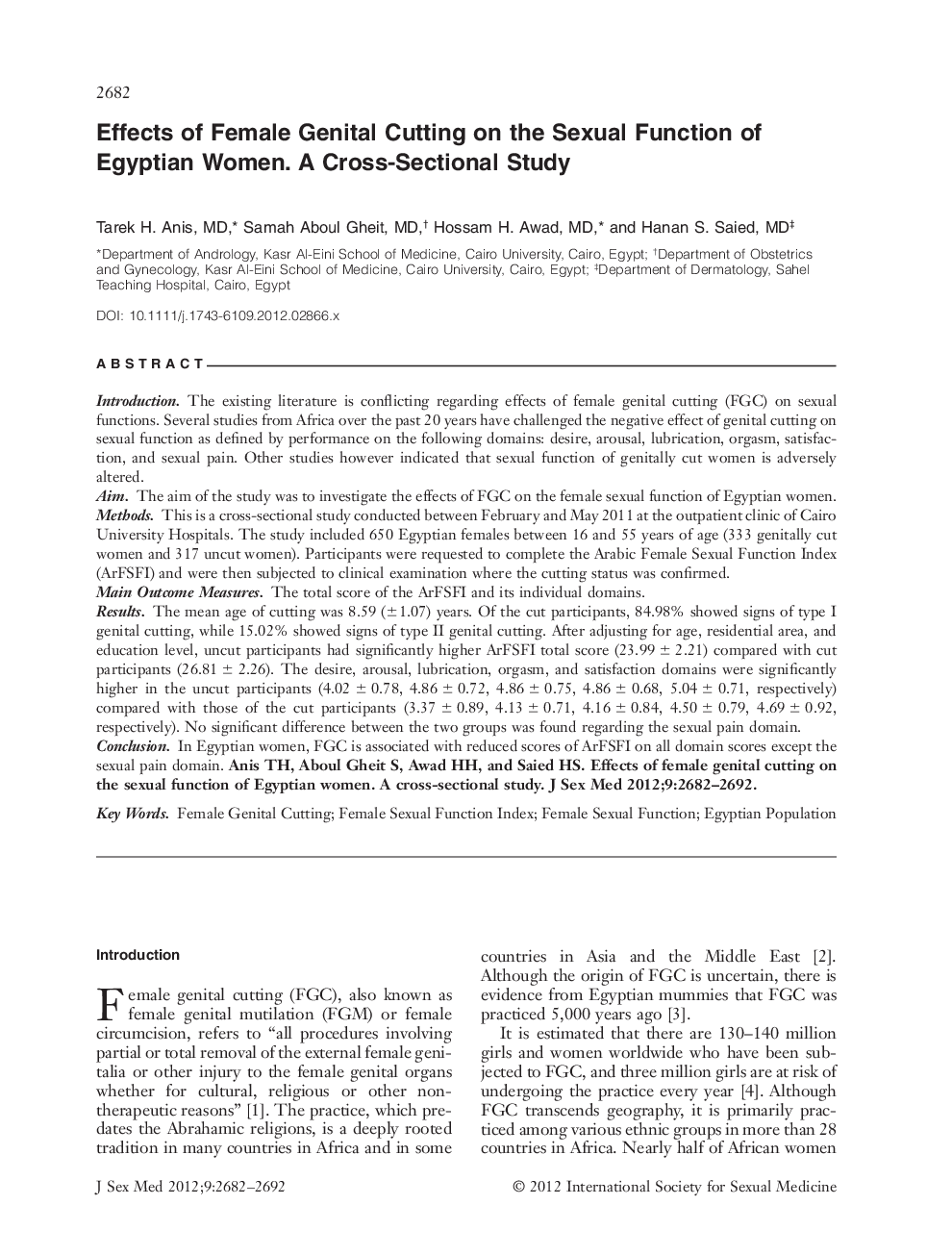 Effects of Female Genital Cutting on the Sexual Function of Egyptian Women. A Cross‐Sectional Study