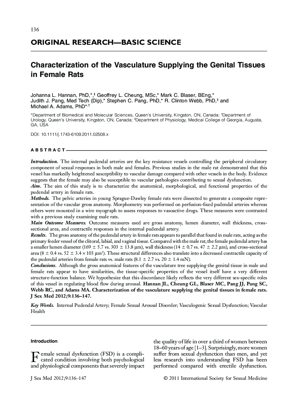 Characterization of the Vasculature Supplying the Genital Tissues in Female Rats