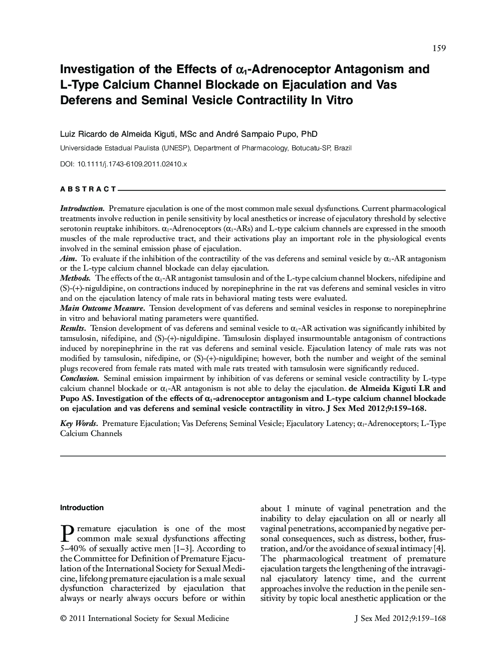 Investigation of the Effects of α1‐Adrenoceptor Antagonism and L‐Type Calcium Channel Blockade on Ejaculation and Vas Deferens and Seminal Vesicle Contractility In Vitro