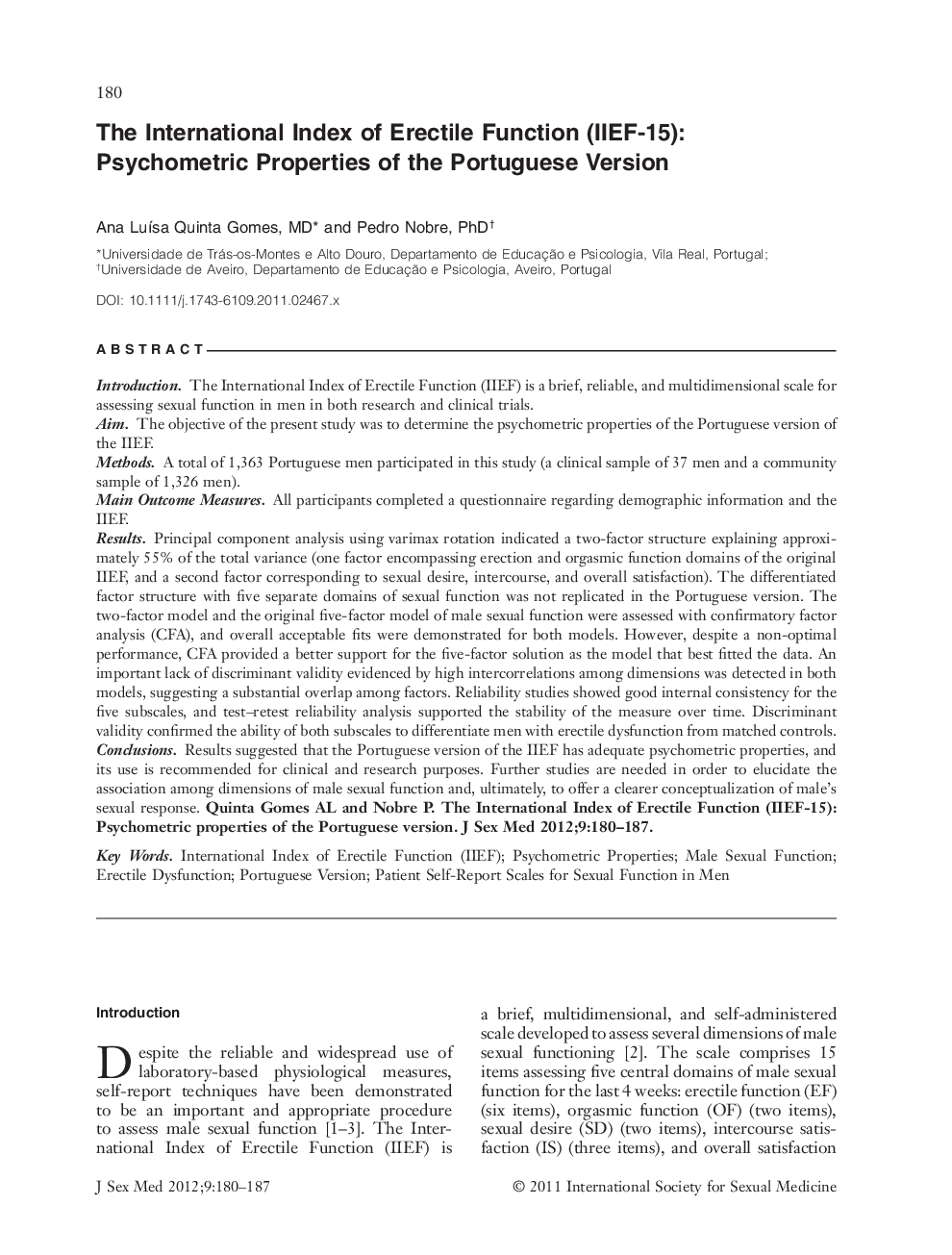 The International Index of Erectile Function (IIEF‐15): Psychometric Properties of the Portuguese Version