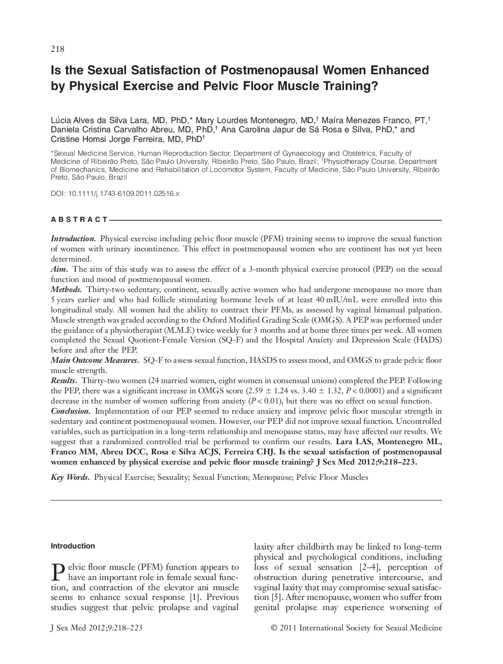 Is the Sexual Satisfaction of Postmenopausal Women Enhanced by Physical Exercise and Pelvic Floor Muscle Training?