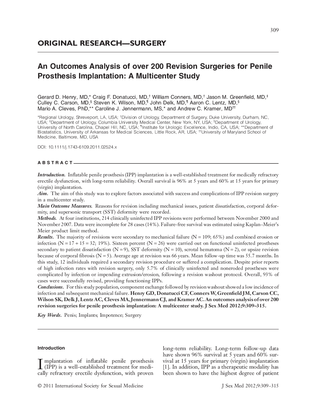 An Outcomes Analysis of over 200 Revision Surgeries for Penile Prosthesis Implantation: A Multicenter Study