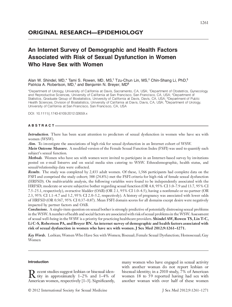 An Internet Survey of Demographic and Health Factors Associated with Risk of Sexual Dysfunction in Women Who Have Sex with Women