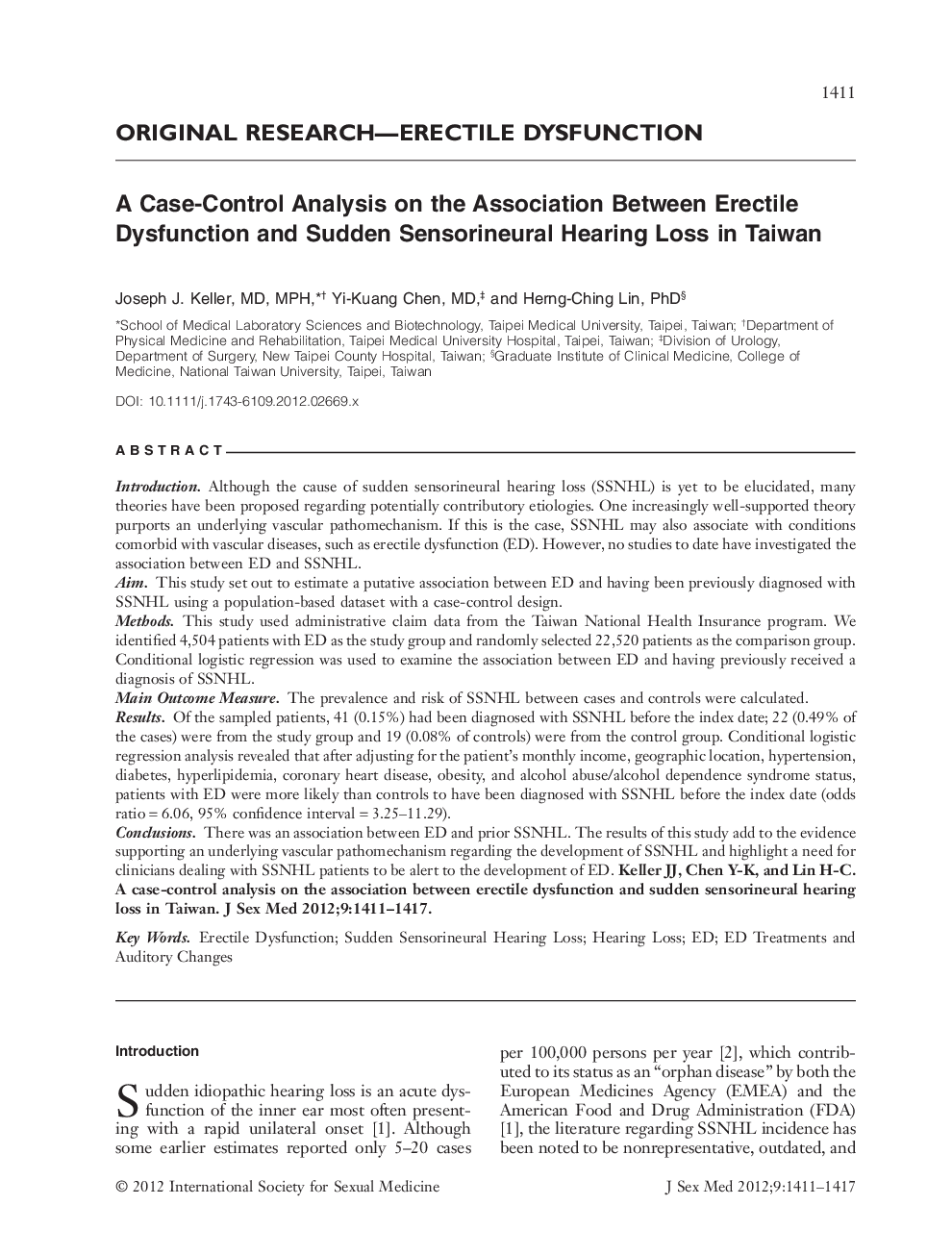 A Case‐Control Analysis on the Association Between Erectile Dysfunction and Sudden Sensorineural Hearing Loss in Taiwan