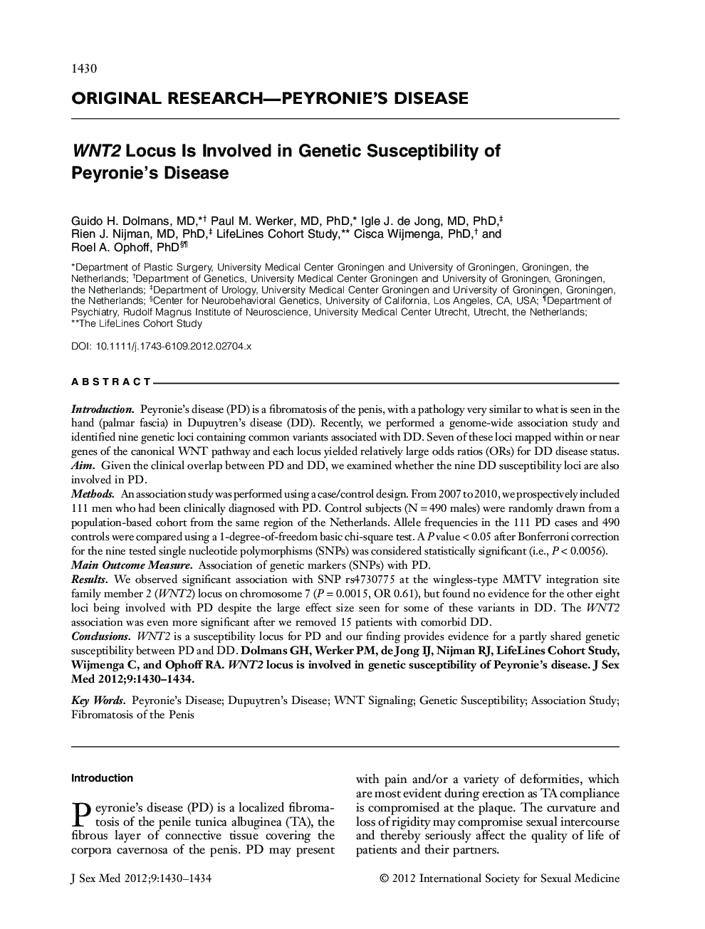WNT2 Locus Is Involved in Genetic Susceptibility of Peyronie's Disease