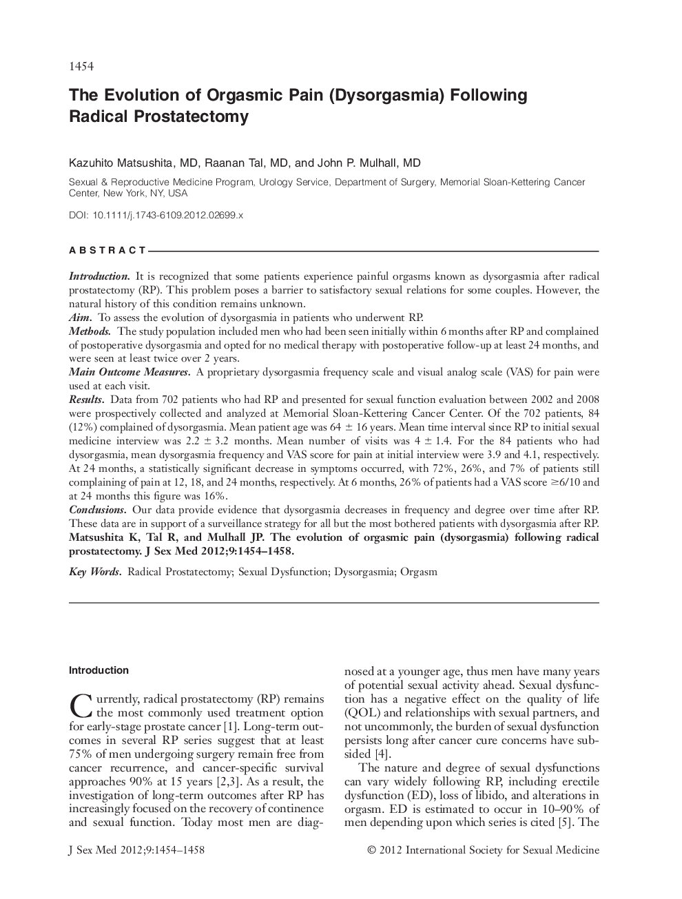 The Evolution of Orgasmic Pain (Dysorgasmia) Following Radical Prostatectomy