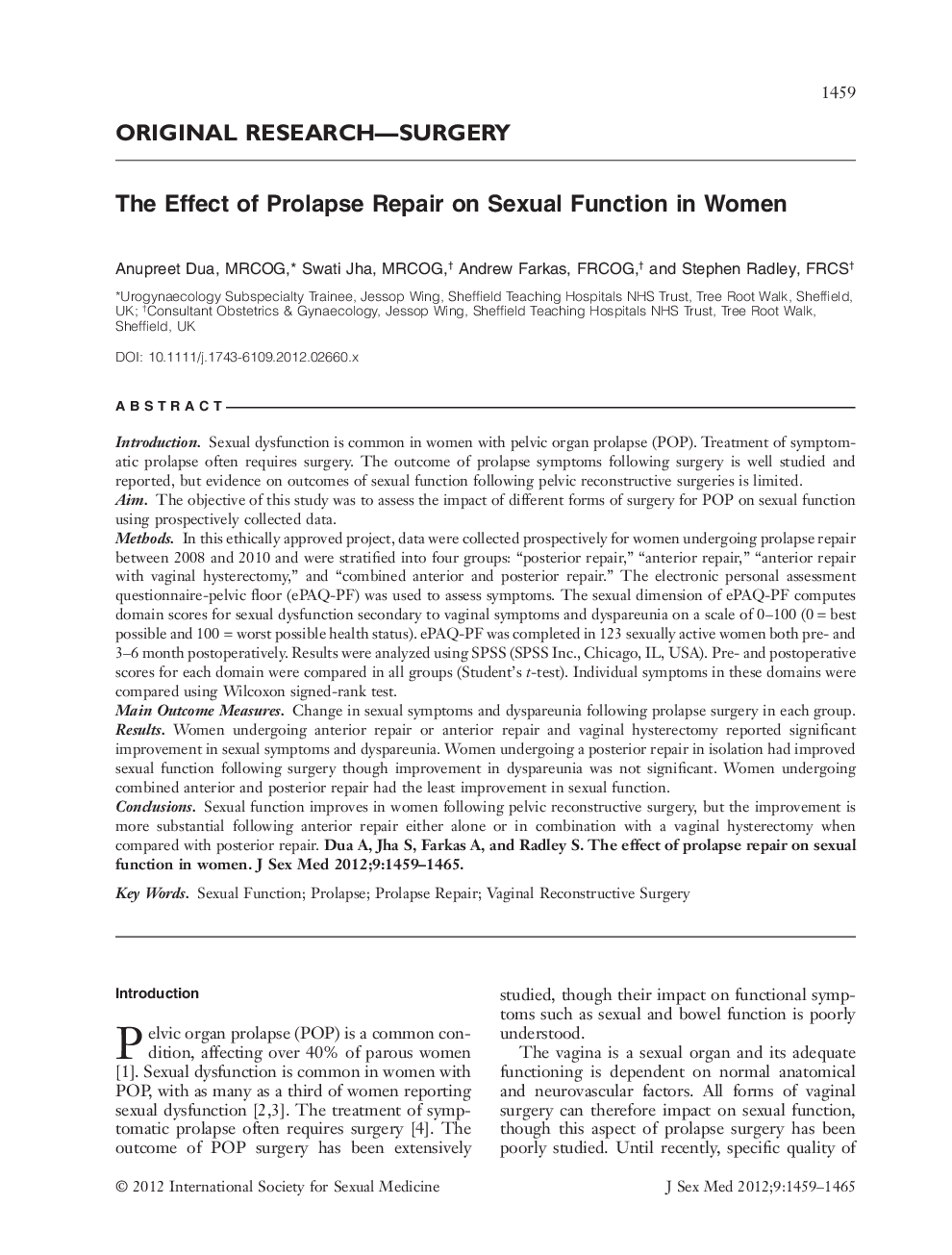 The Effect of Prolapse Repair on Sexual Function in Women