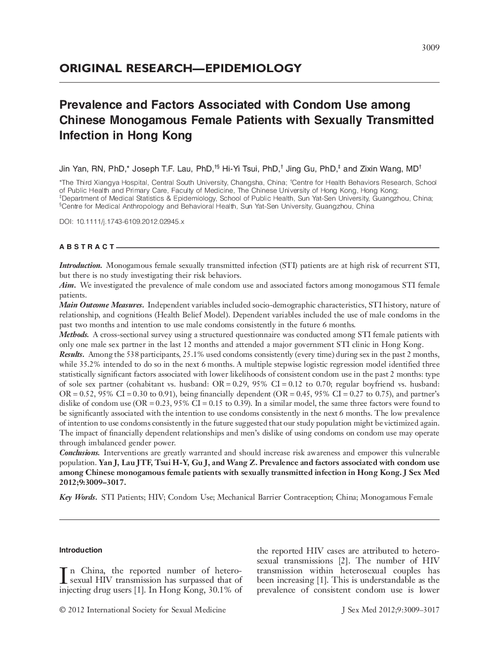 Prevalence and Factors Associated with Condom Use among Chinese Monogamous Female Patients with Sexually Transmitted Infection in Hong Kong