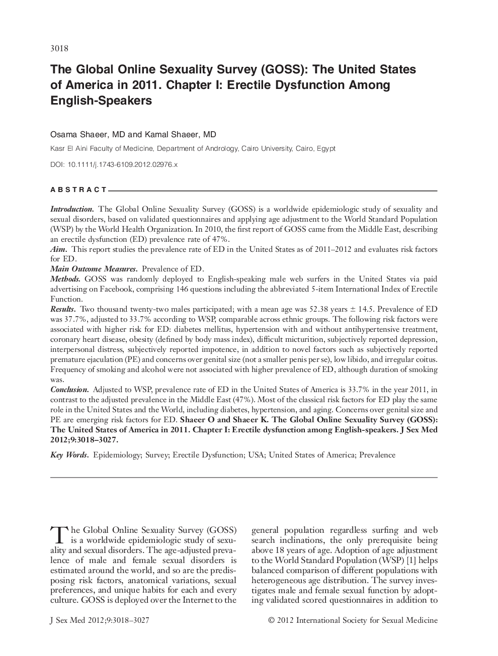 The Global Online Sexuality Survey (GOSS): The United States of America in 2011. Chapter I: Erectile Dysfunction Among EnglishâSpeakers