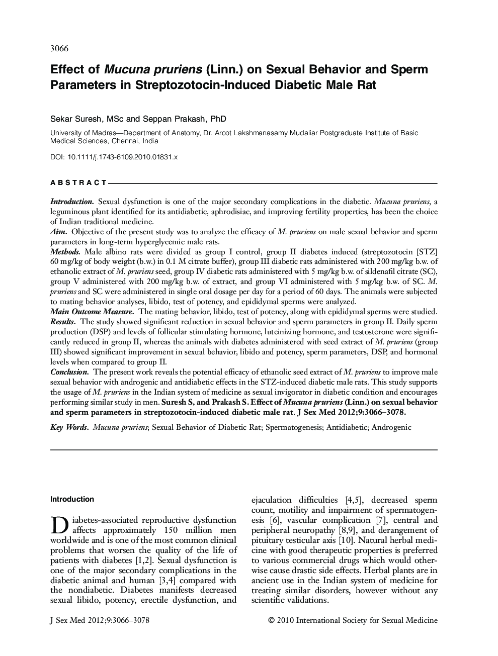 Effect of Mucuna pruriens (Linn.) on Sexual Behavior and Sperm Parameters in StreptozotocinâInduced Diabetic Male Rat