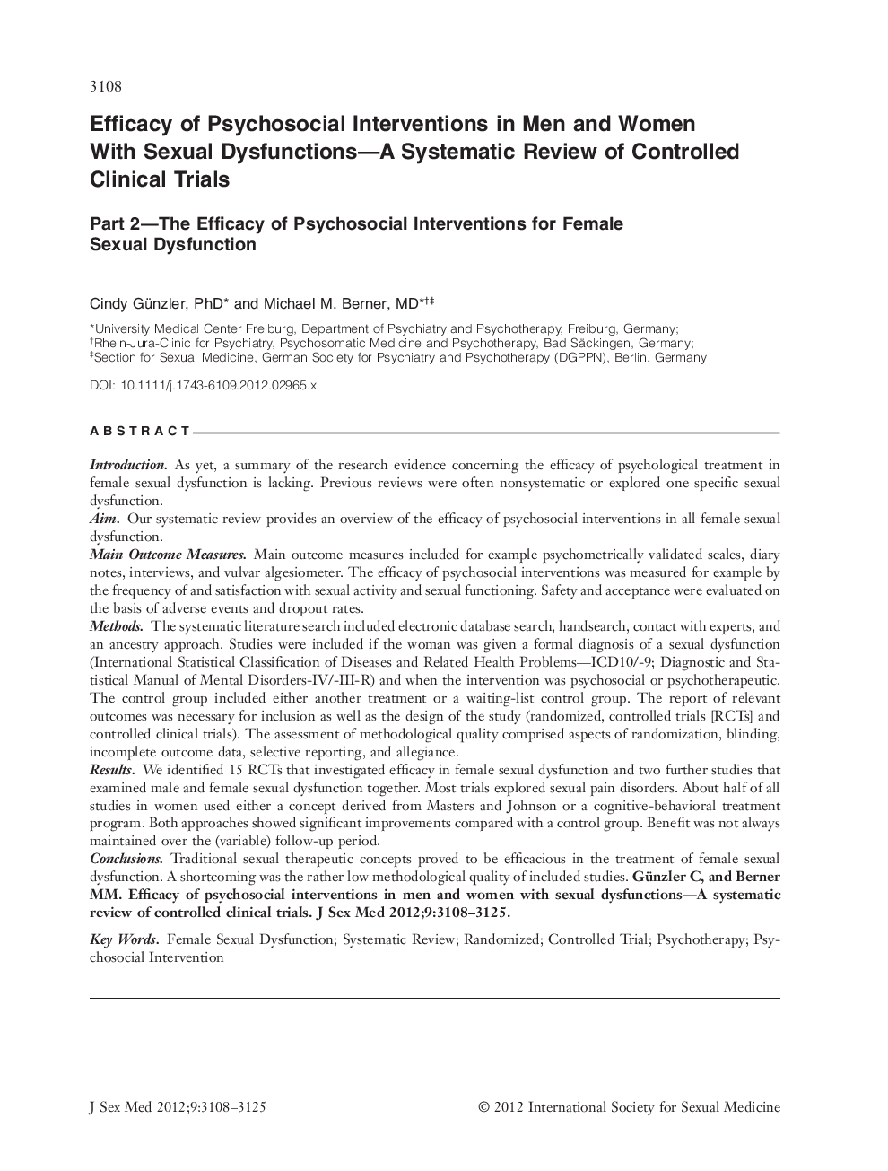 Efficacy of Psychosocial Interventions in Men and Women With Sexual Dysfunctions—A Systematic Review of Controlled Clinical Trials