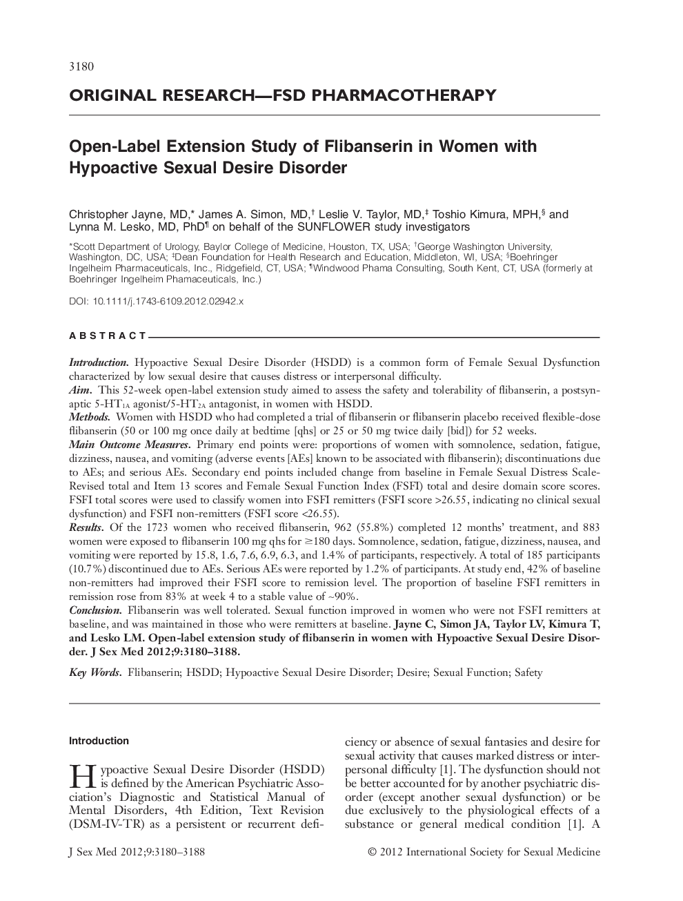 عکس صفحه اول مقاله: Open‐Label Extension Study of Flibanserin in Women with Hypoactive Sexual Desire Disorder Open‐Label Extension Study of Flibanserin in Women with Hypoactive Sexual Desire Disorder