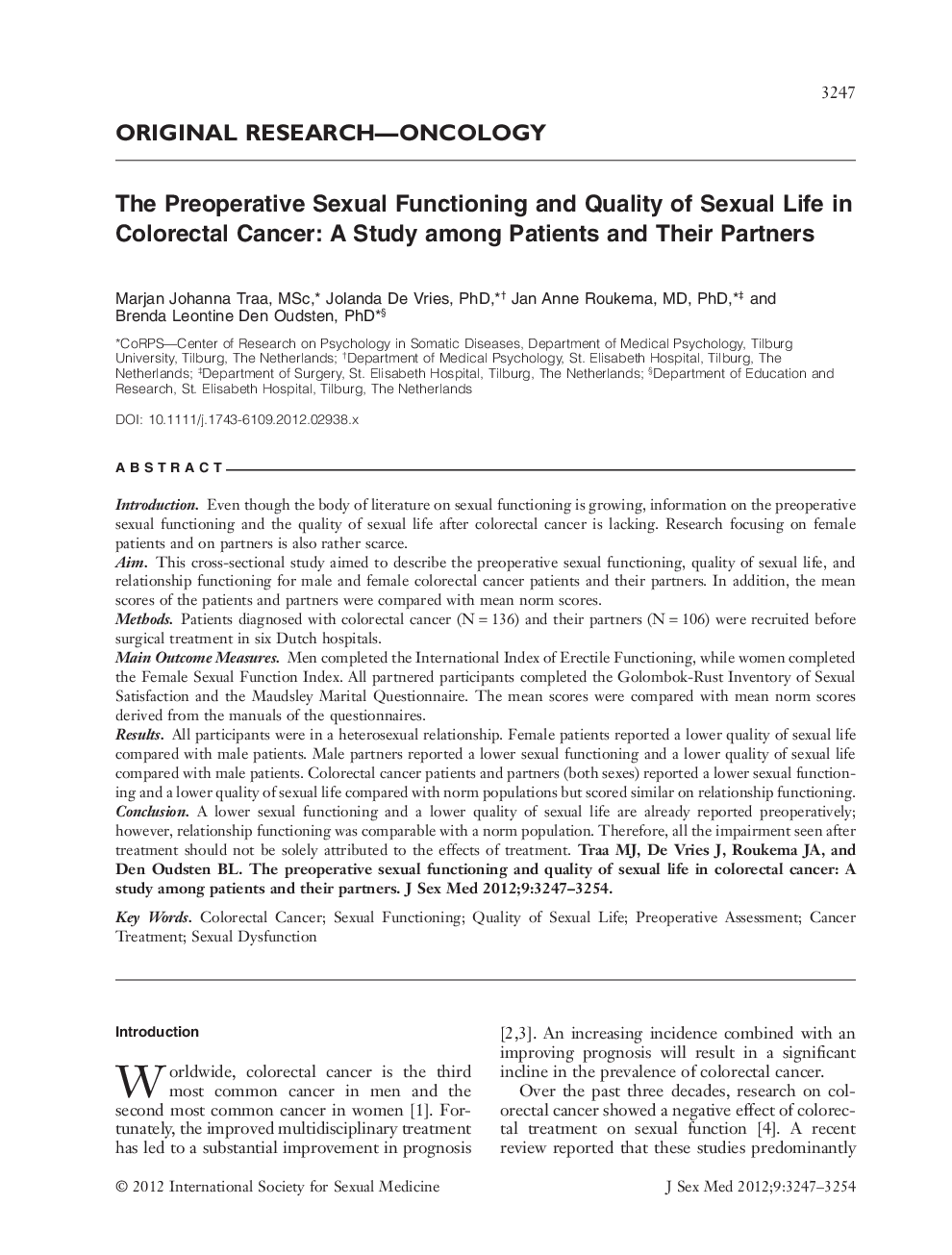 The Preoperative Sexual Functioning and Quality of Sexual Life in Colorectal Cancer: A Study among Patients and Their Partners