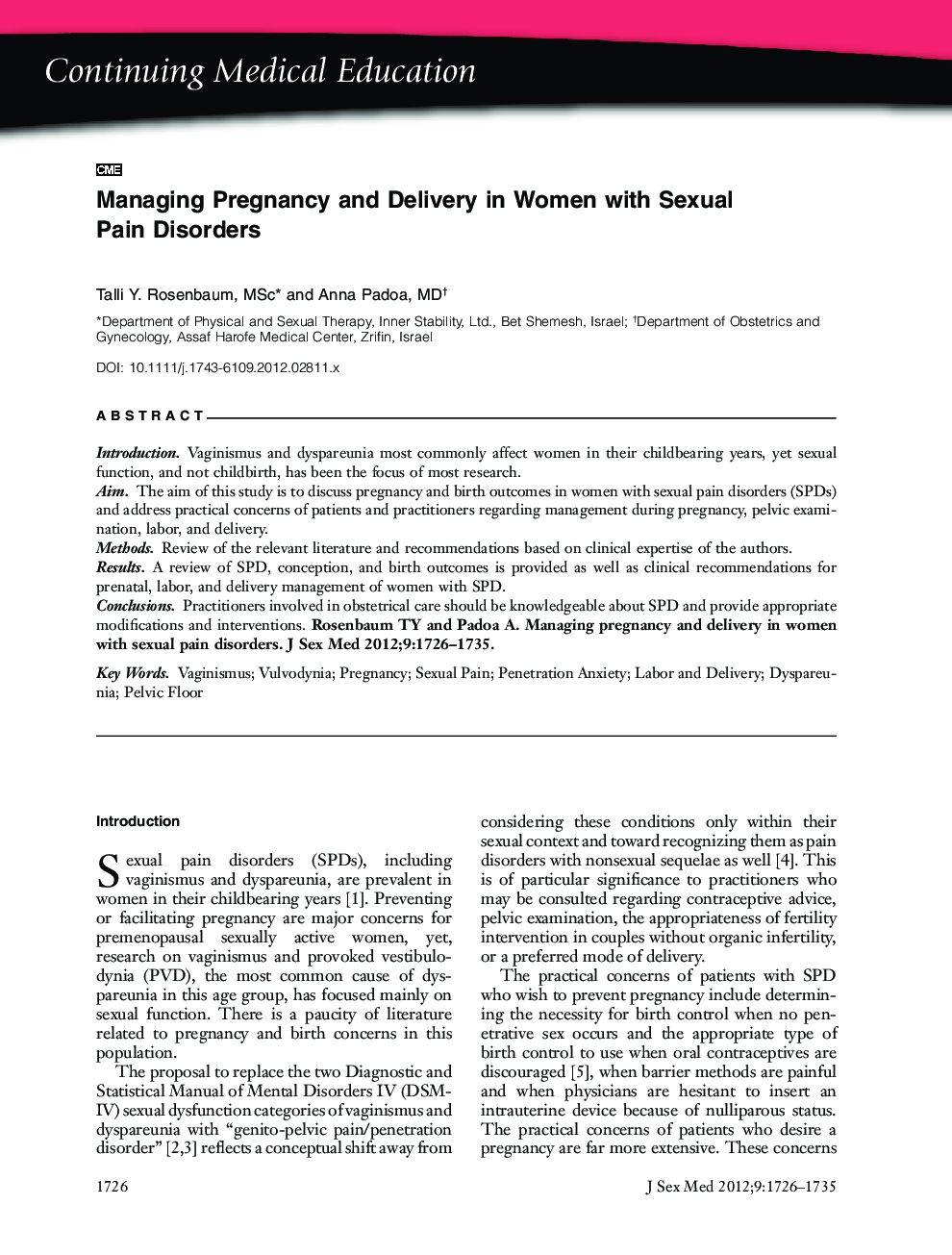 Managing Pregnancy and Delivery in Women with Sexual Pain Disorders (CME)
