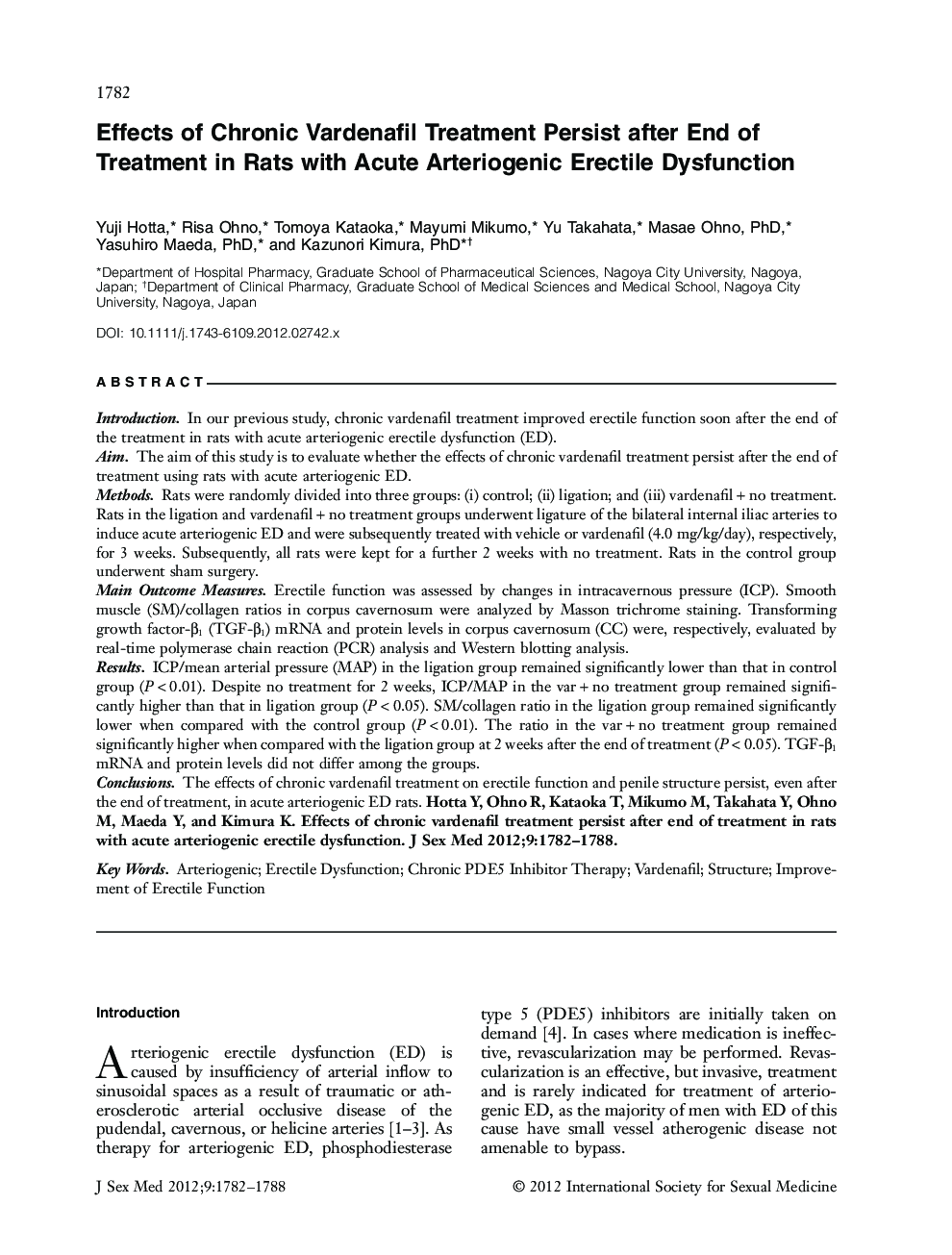 Effects of Chronic Vardenafil Treatment Persist after End of Treatment in Rats with Acute Arteriogenic Erectile Dysfunction