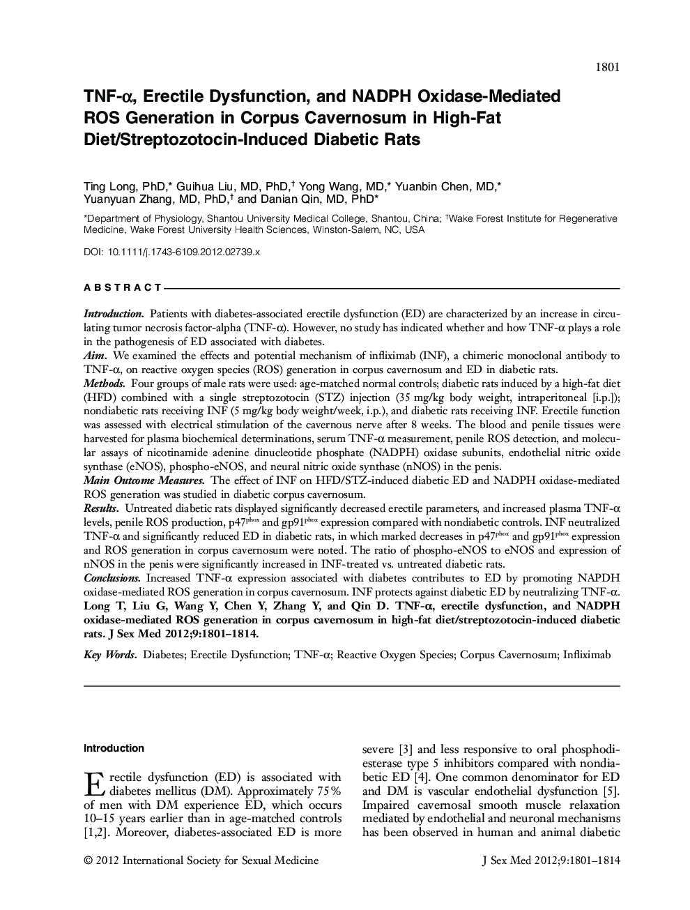 TNFâÎ±, Erectile Dysfunction, and NADPH OxidaseâMediated ROS Generation in Corpus Cavernosum in HighâFat Diet/StreptozotocinâInduced Diabetic Rats