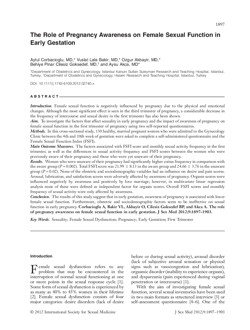 The Role of Pregnancy Awareness on Female Sexual Function in Early Gestation