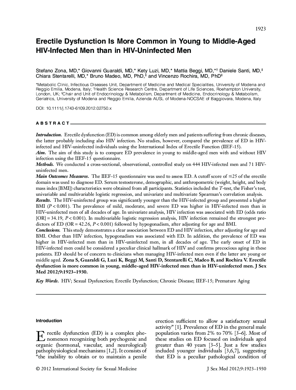 Erectile Dysfunction Is More Common in Young to Middle‐Aged HIV‐Infected Men than in HIV‐Uninfected Men