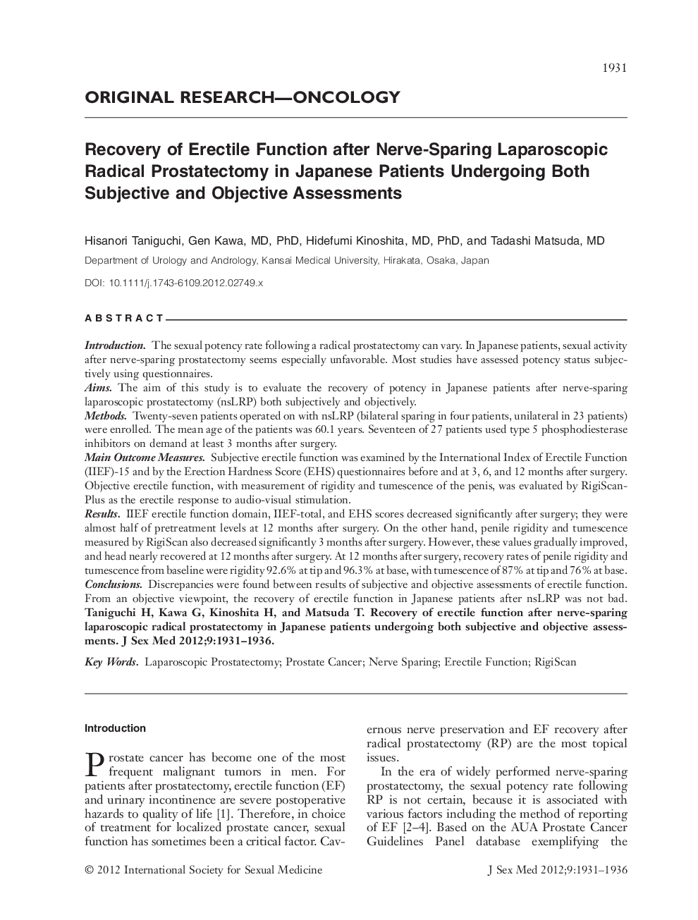 Recovery of Erectile Function after Nerve‐Sparing Laparoscopic Radical Prostatectomy in Japanese Patients Undergoing Both Subjective and Objective Assessments