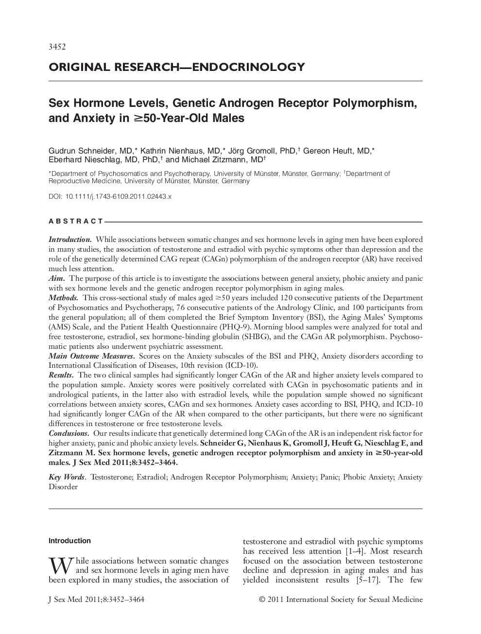 Sex Hormone Levels, Genetic Androgen Receptor Polymorphism, and Anxiety in â¥50-Year-Old Males